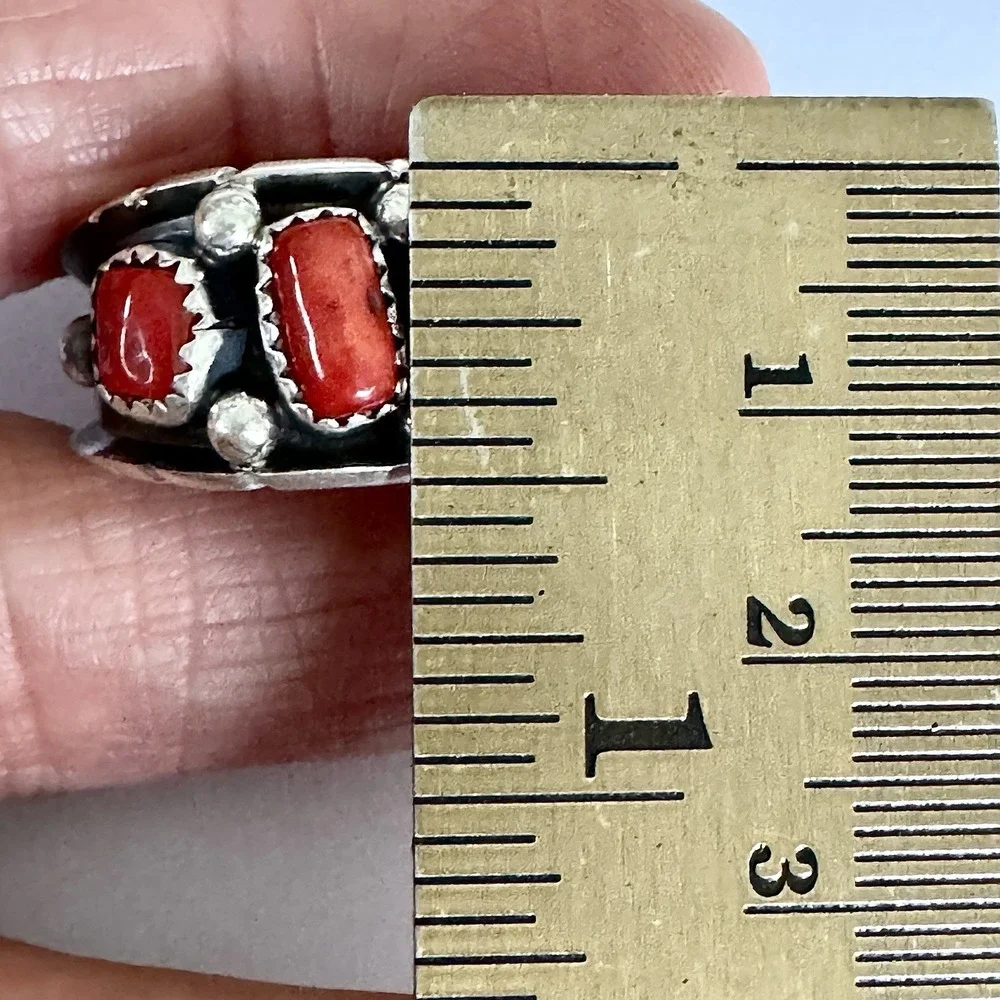Red Coral Wedding Band Ring Sz 11 Navajo 13mm Native American Dark Sterling Mens